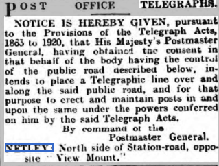 Telegraph Line comes to Netley Abbey in 1922