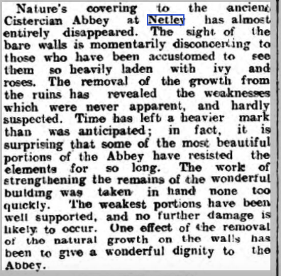 Netley Abbey Ruins lose their Ivy in March 1923