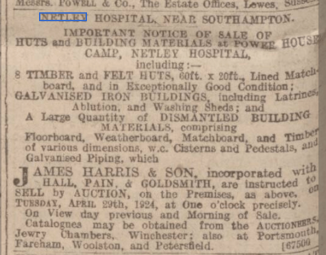Power House Contents for sale at Netley Hospital 1924