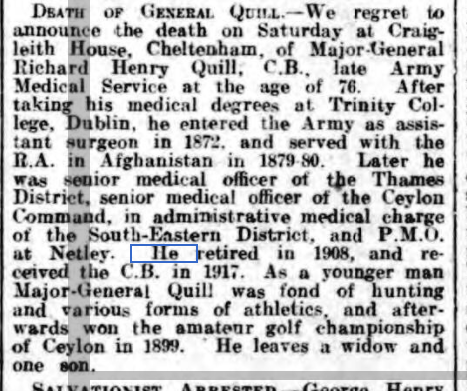 General Quill, late PMO, Netley Hospital