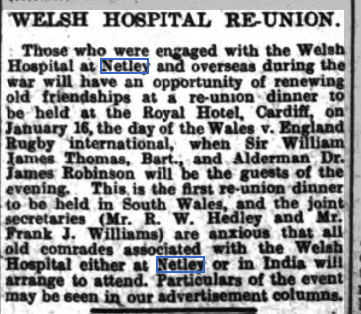 Reunion Dinner at Cardiff for Welsh Hospital staff 1926