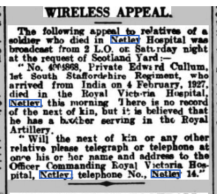 Private Cullum at Netley Hospital 1927 - appeal for next-of-kin