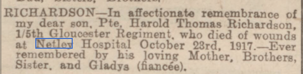 Private Richardson at Netley Hospital in 1917