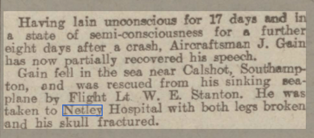 Aircraftsman Gain's progress at Netley Hospital 1927