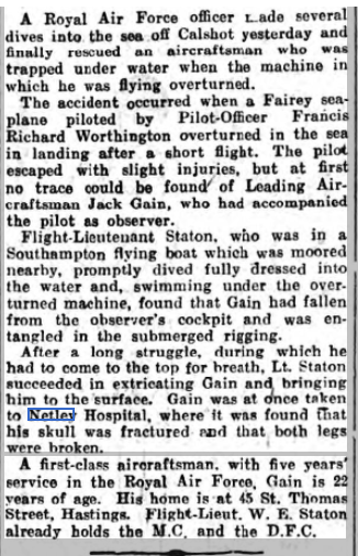 Aircraftsman Gain rescued at sea off Netley Shore 1927