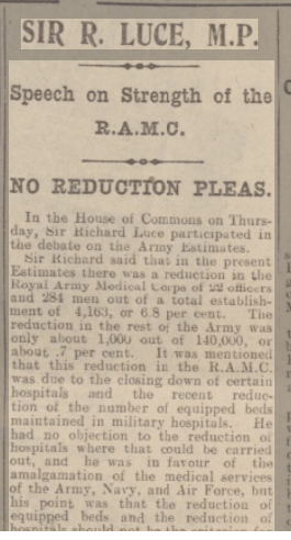 Reductions of RAMC personnel - Sir R Luce MP 1928