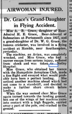 Miss Grace admitted to Netley Hospital 1928