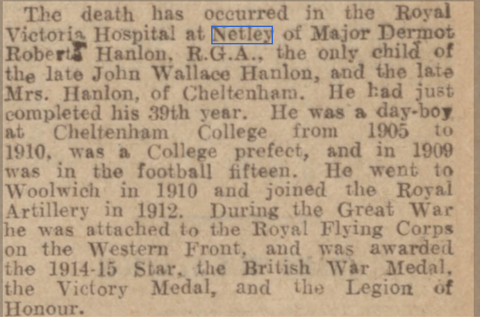 Major Dermot R Hanlon at Netley Hospital 1931