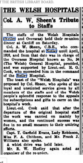 Welsh Hospital Reunion Dinner 1933
