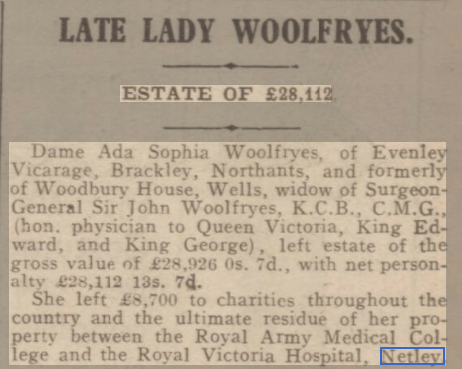 Lady Woolfryes Bequest to Netley Hospital