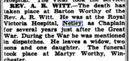 Rev Witt, Chaplain at Netley Hospital