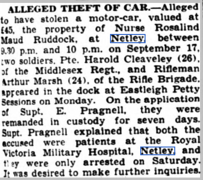 Alleged Theft of Matron Ruddock's car at Netley Hospital 1937