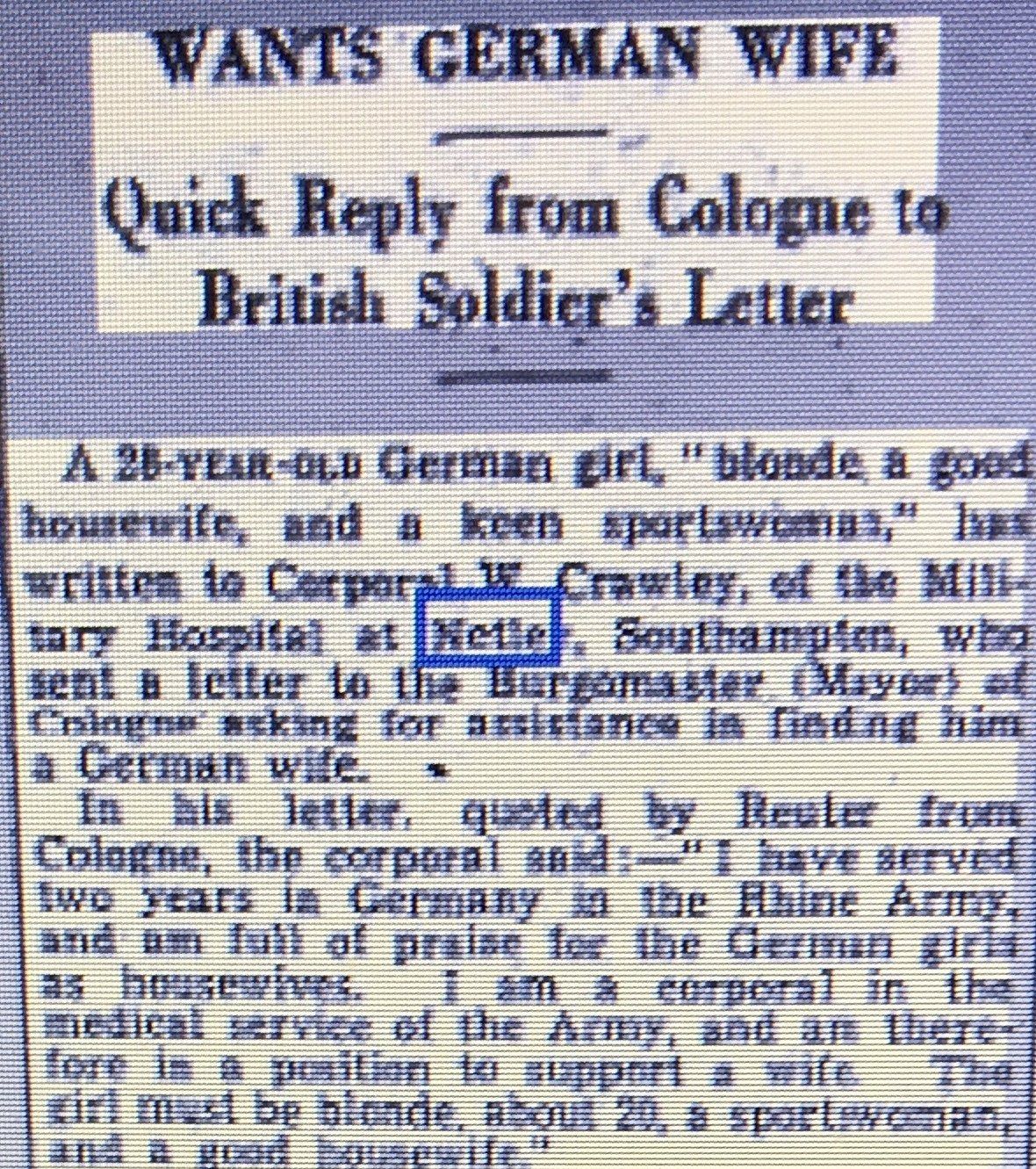 Netley Soldier looking for German wife