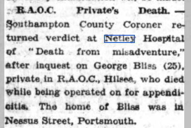 Private Biss, RAOC at Netley Hospital