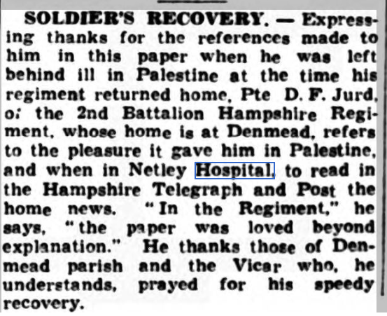 Private D F Jurd at Netley Hospital 1938