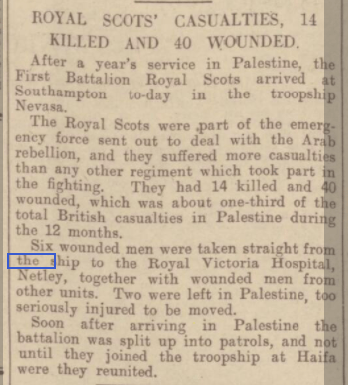 1st Battalion Royal Scots return from Palestine to Netley Hospital 1939