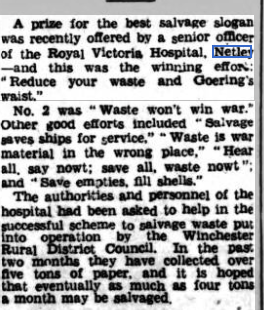 Salvage Scheme Slogan Competition won by Netley Hospital 1940