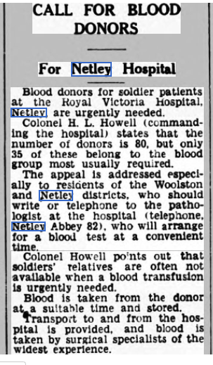 Blood Donors required at Netley Hospital 1940