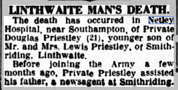 Private Douglas Priestley at Netley Hospital 1940