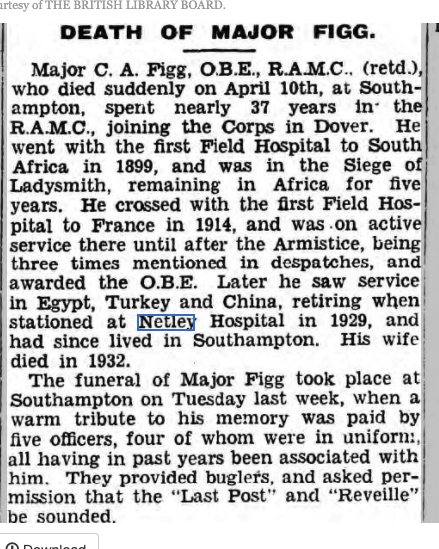 Major Figg at Netley Hospital 1929