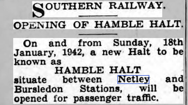 Hamble Halt opened January 1942