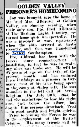 Pte Fred Alldread repatriated to Netley Hospital 1943