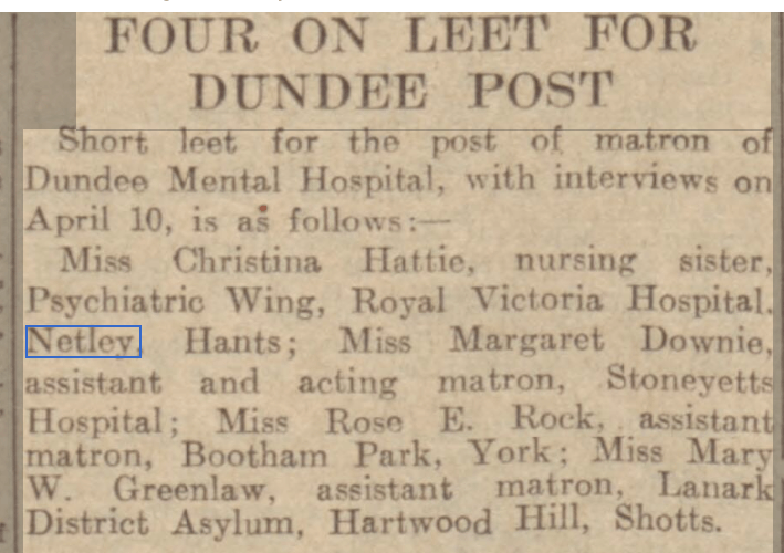 Miss Christina Hattie at Netley Hospital 1947