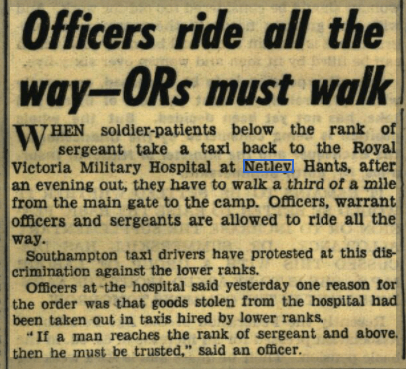 Officers allowed to take taxi to Netley Hospital 1951
