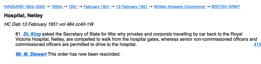 Government rescinds Army Ruling re Taxis at Netley Hospital 1951