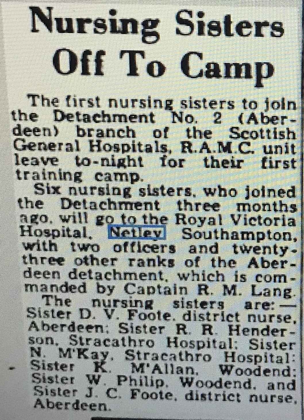 Detachment No 2 Aberdeen Nursing Sisters at Netley Hospital 1952