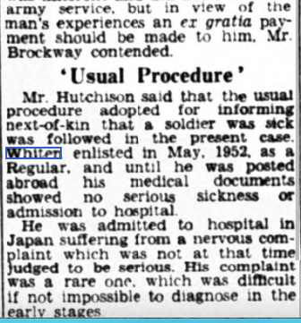 Private Edward G Whiten at Netley Hospital 1954