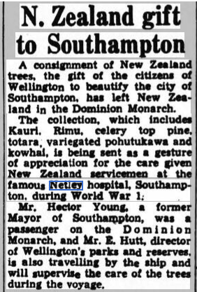 New Zealand sends trees to Netley Hospital 1957