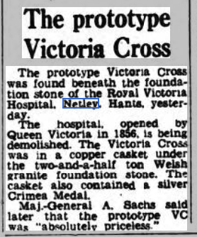 Prototype VC uncovered at Netley Hospital 1966