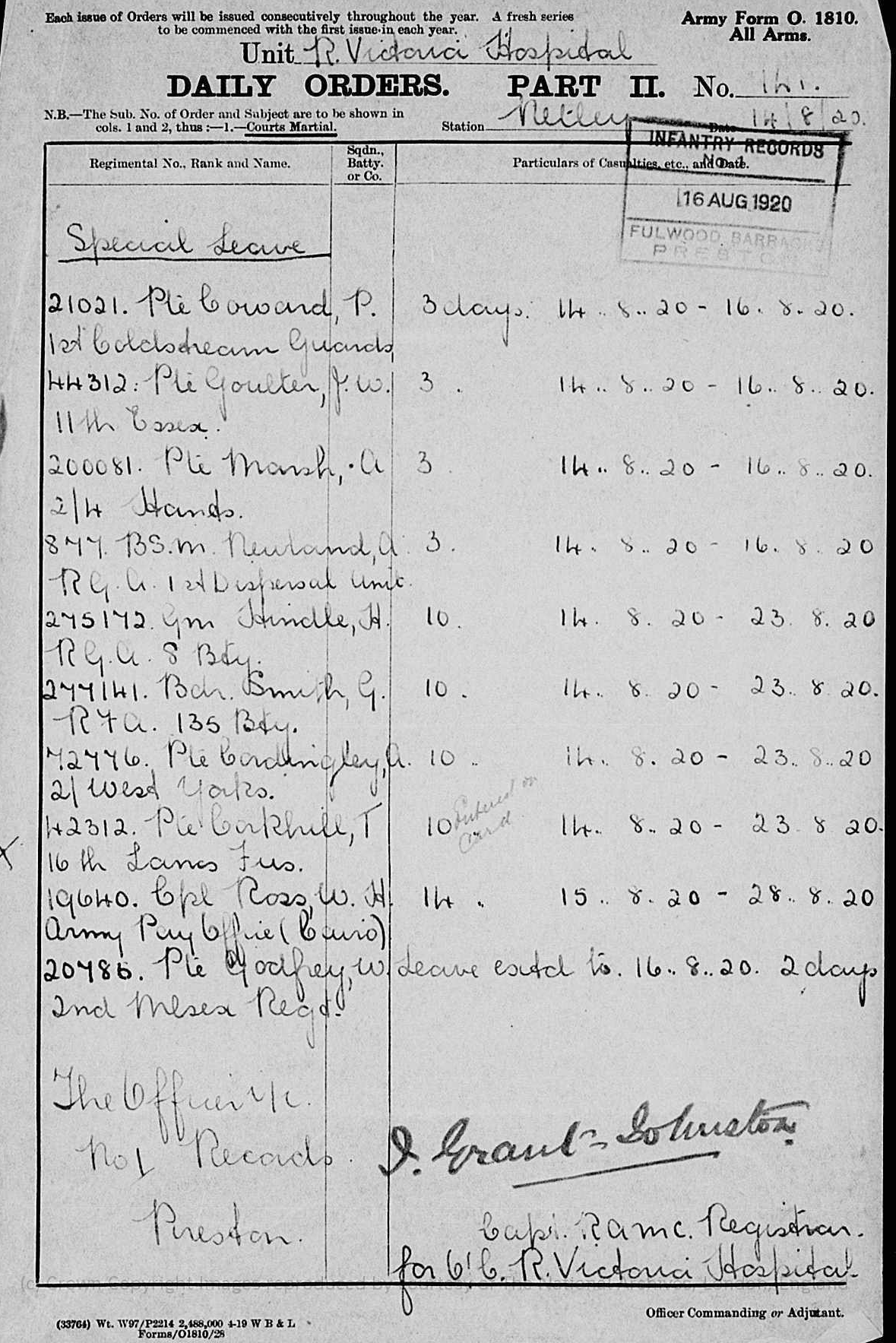 Daily Orders for Netley Hospital 1920