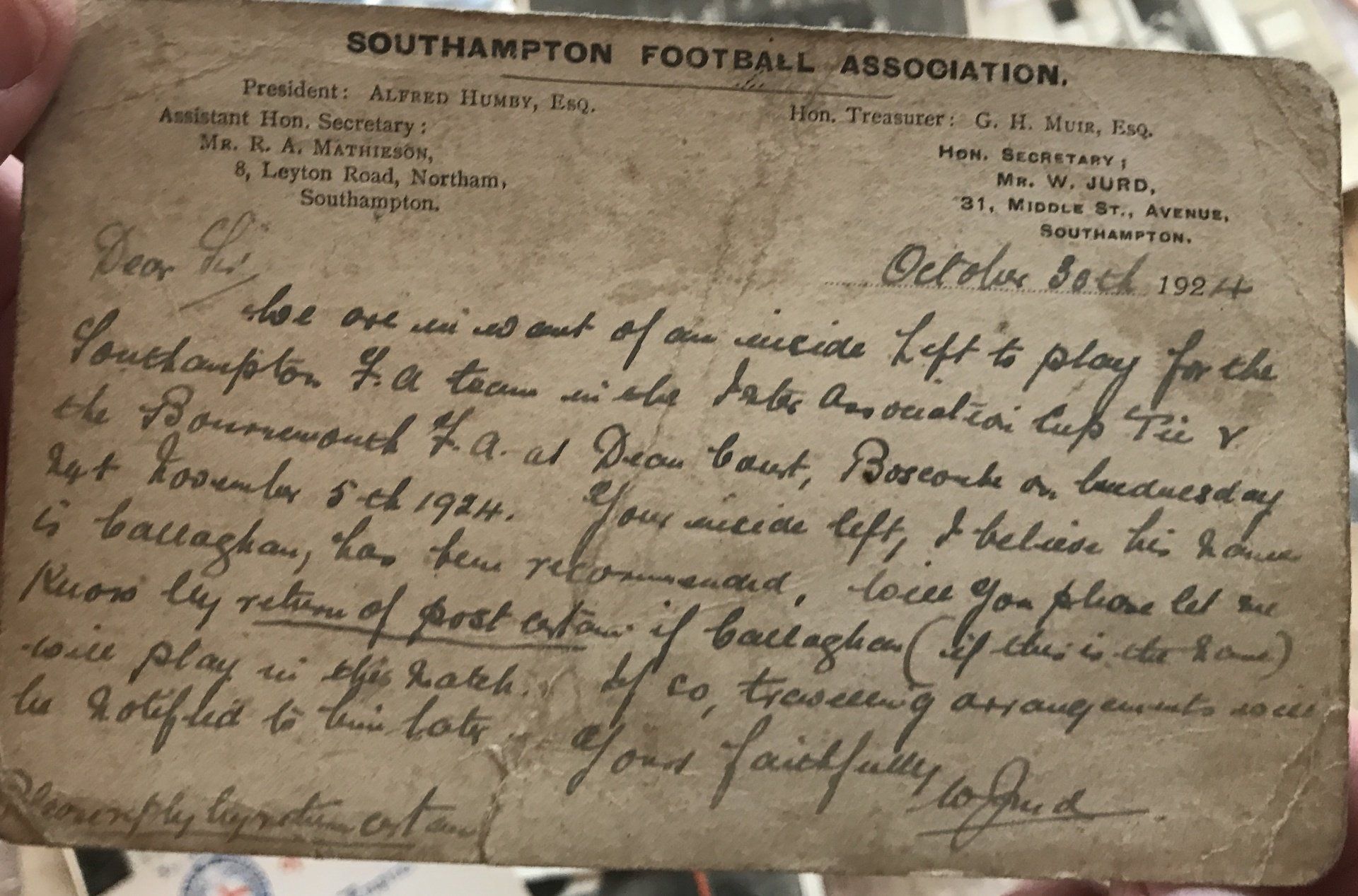 Postcard dated 30 October 1924 Netley Village Stories