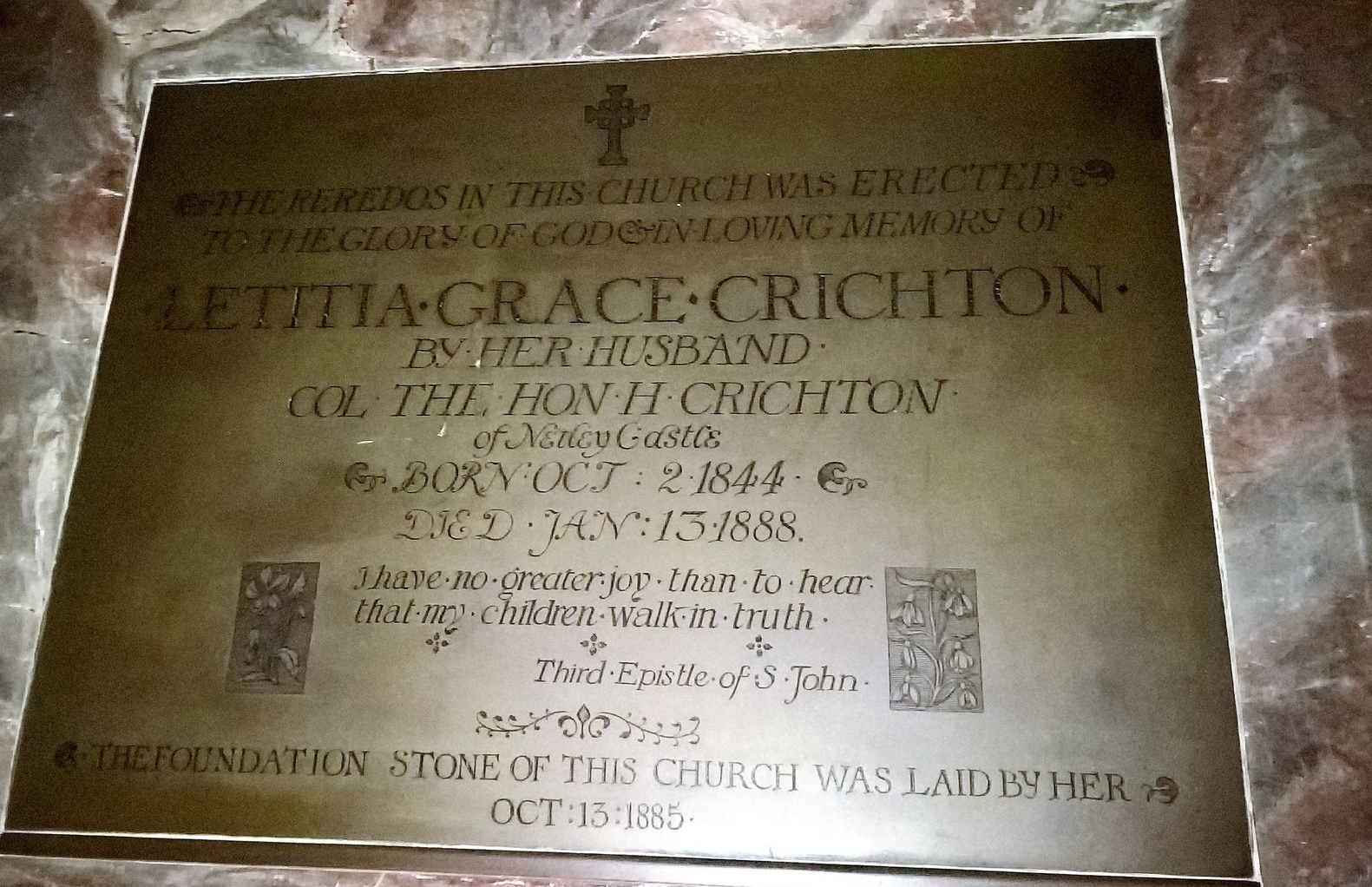 Memorial Plaque in St Edward's Church to the first Lady Crichton The First Mrs Crichton's Memorial Plaque