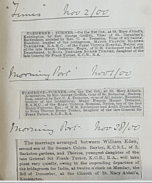 Major Francis Treherne's second marriage in 1900