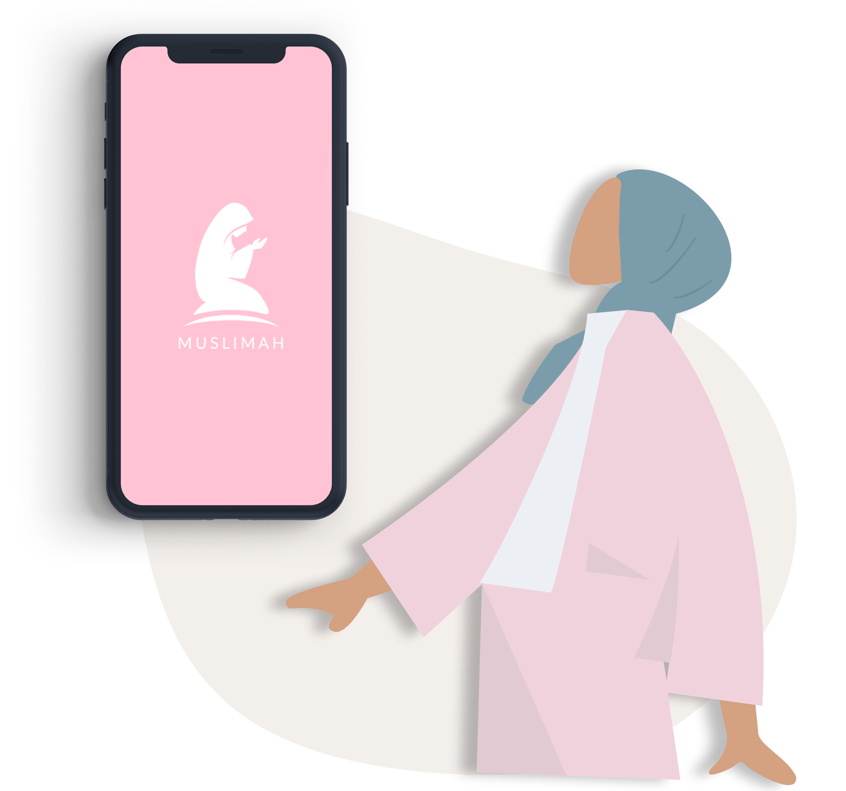 Cartoon Image of Muslim Woman looking at phone with Muslimah Logo