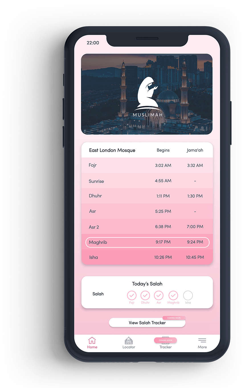 Homepage of Muslimah App showing daily prayer timetable for East London Mosque, and Salah tracker