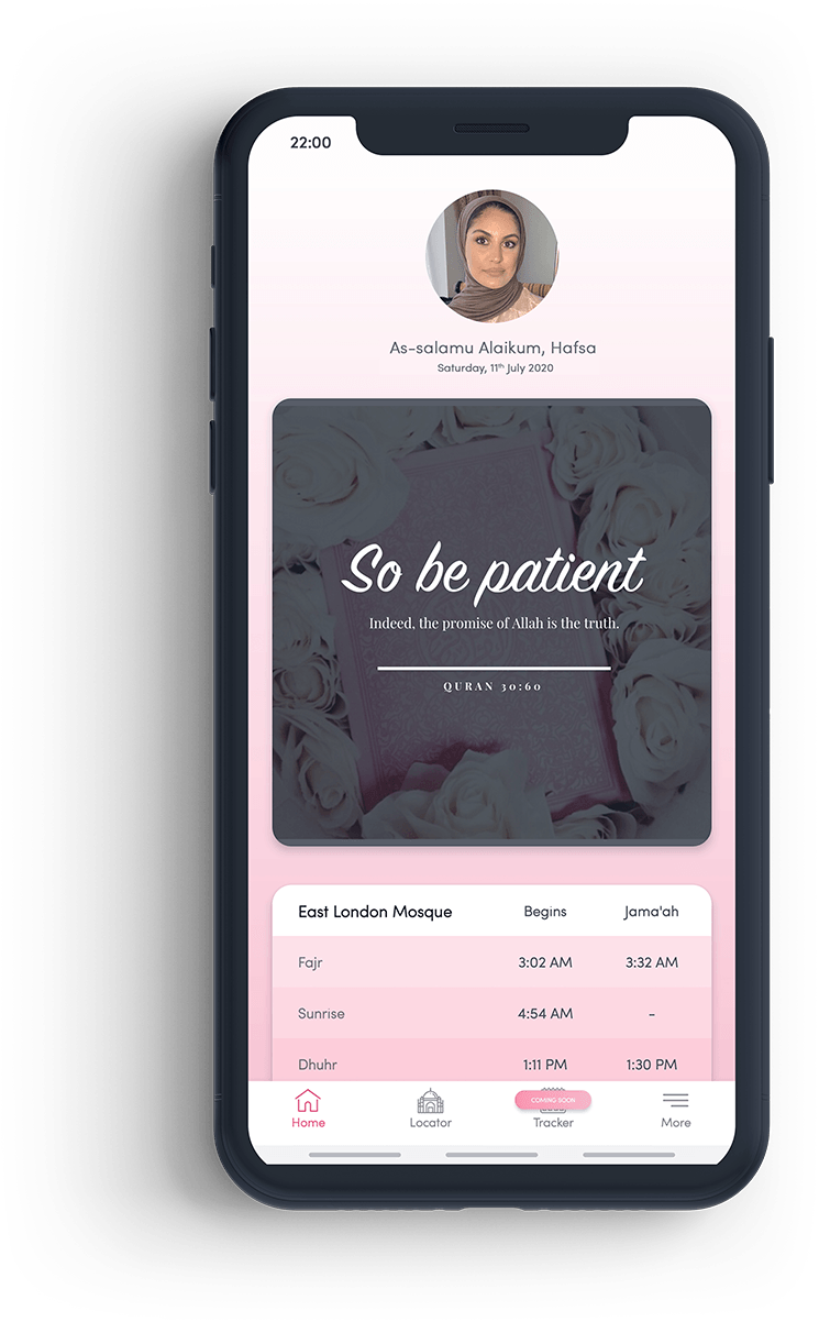 Homepage of Muslimah App showing profile picture, motivational reminder and daily prayer times.