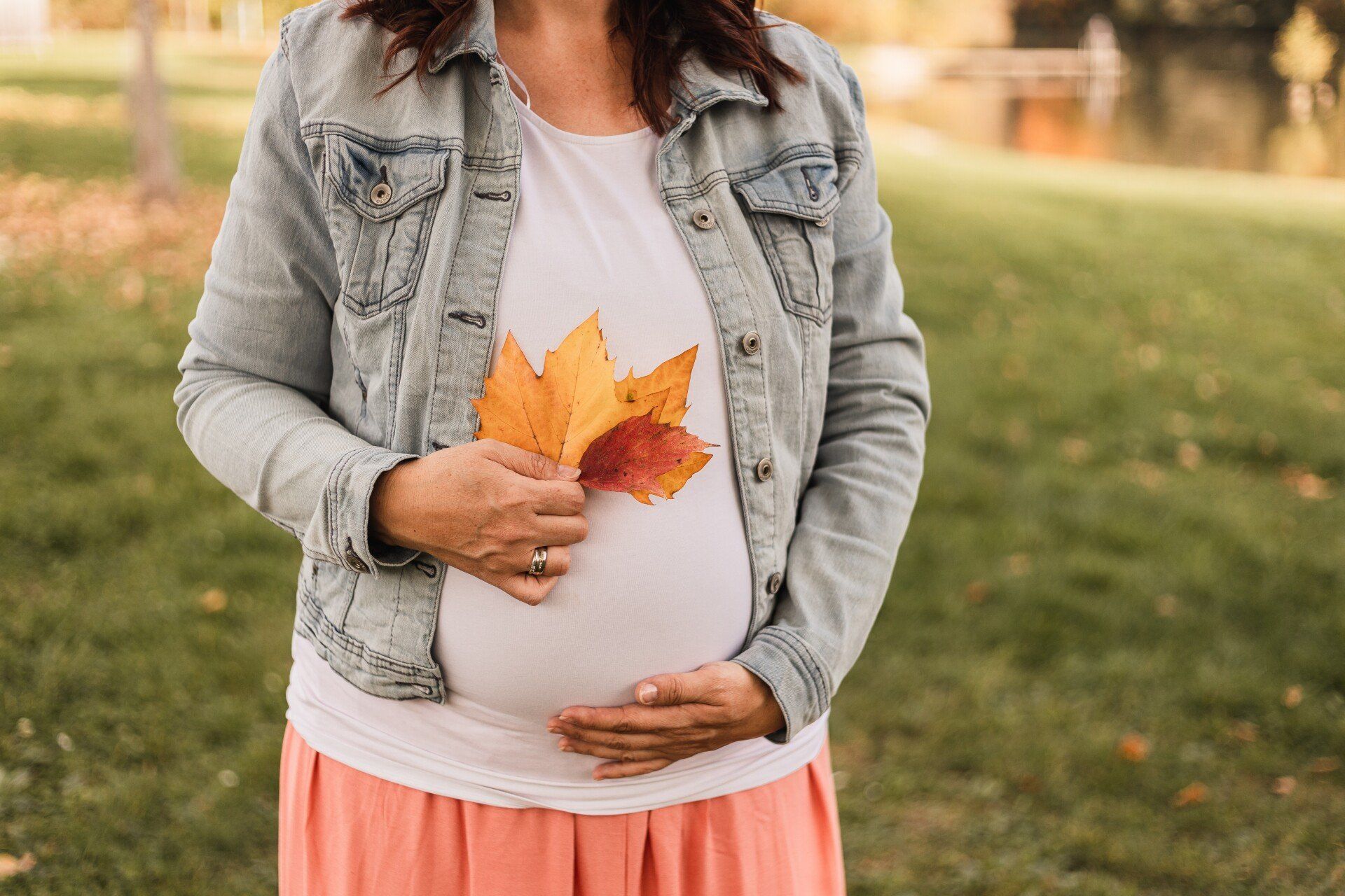 Schwangere Frau mit Herbstblättern Auf diesem Foto hält die schwangere Frau herbstliche Blätter auf ihrem Babybauch