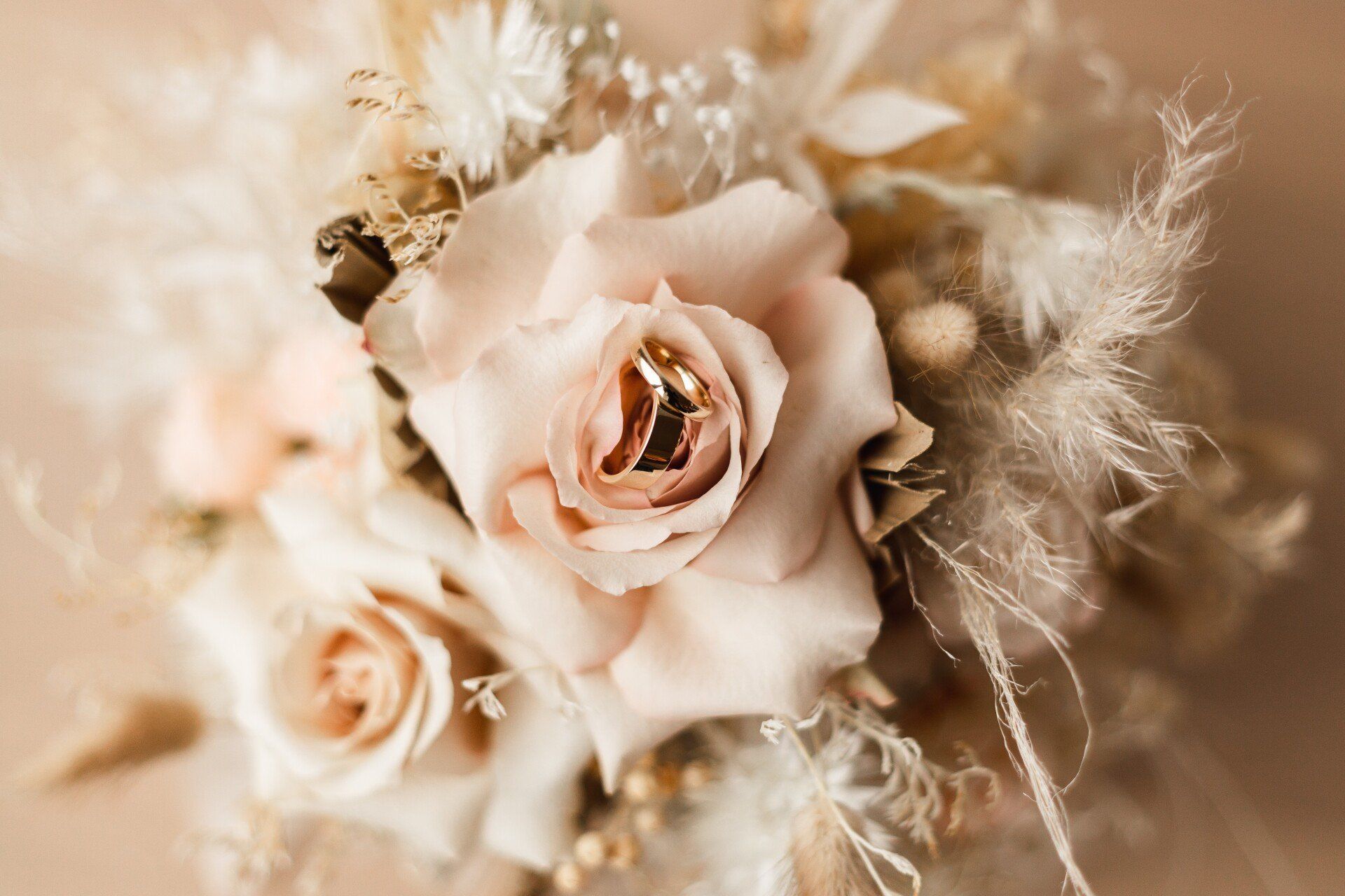 Verlobungs- und Ehering in Rose Auf dem Foto sieht man den Verlobungsring und den Ehering in einer Blume