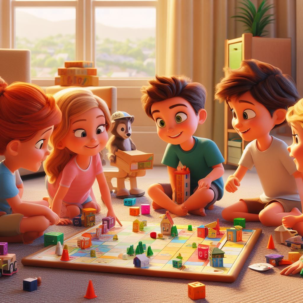 Unos niños de 8 años juegan a juegos de mesa sentados en el suelo de su habitación