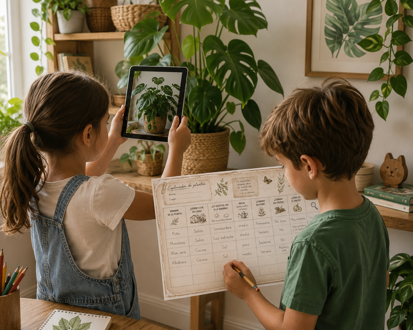 niños haciendo una foto a un planta en un interior y completando una ficha