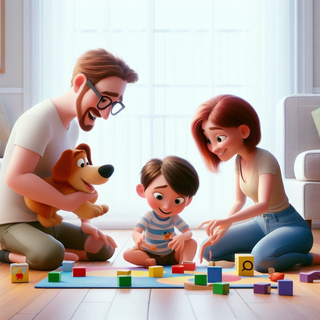 unos padres juegan con su hijo de 2 años en el salón de casa
