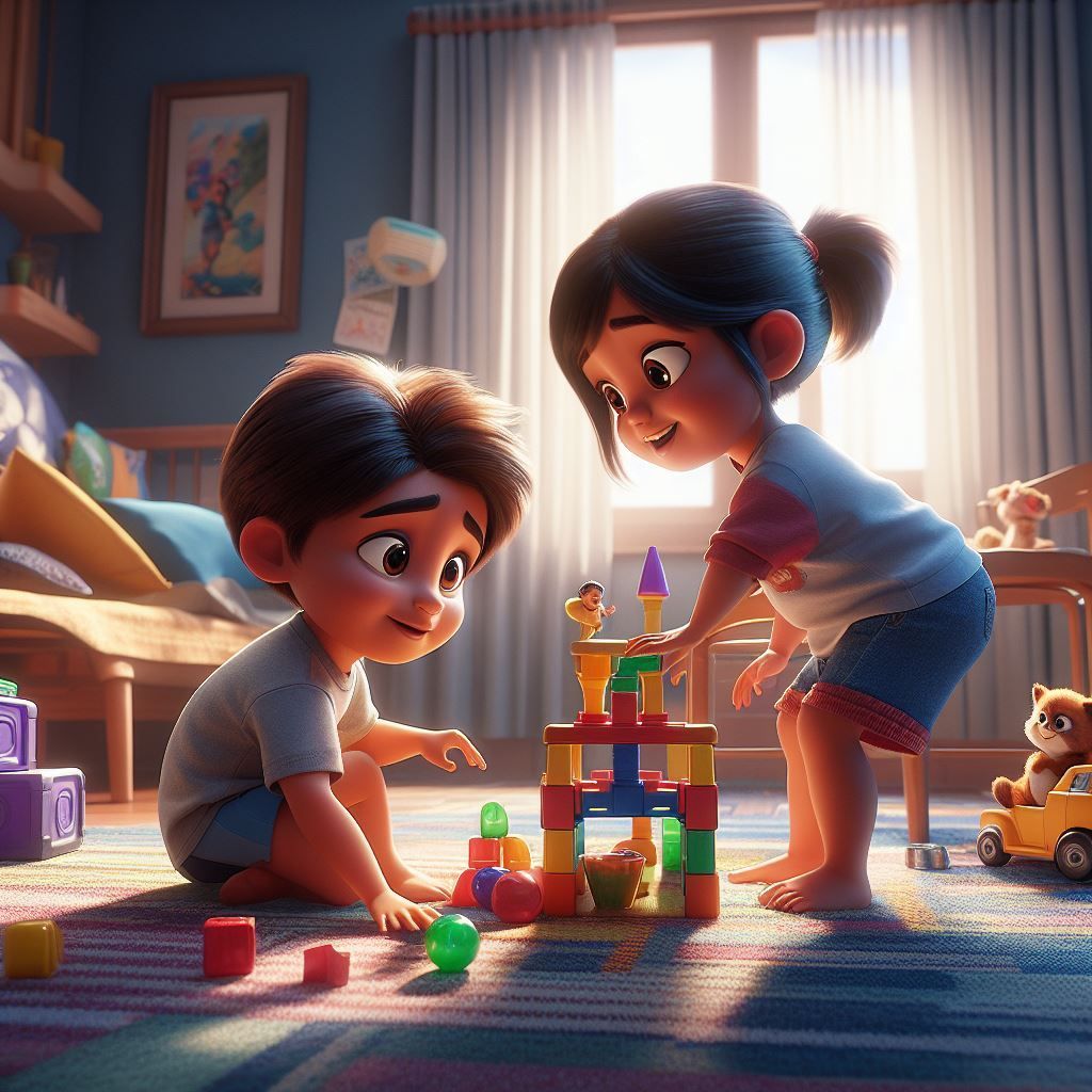 Dos niños jugando en su cuarto con construcciones