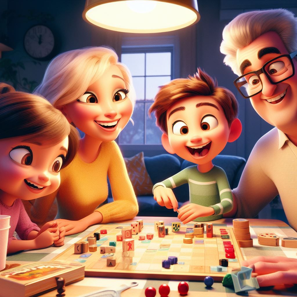 unos padres juegan con sus hijos a juegos de mesa