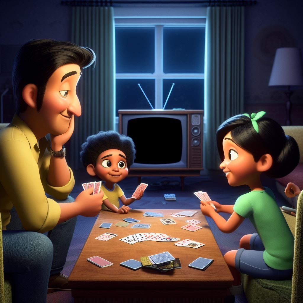 un padre juega a juegos de mesa con sus hijos mientras la tv permanece apagada