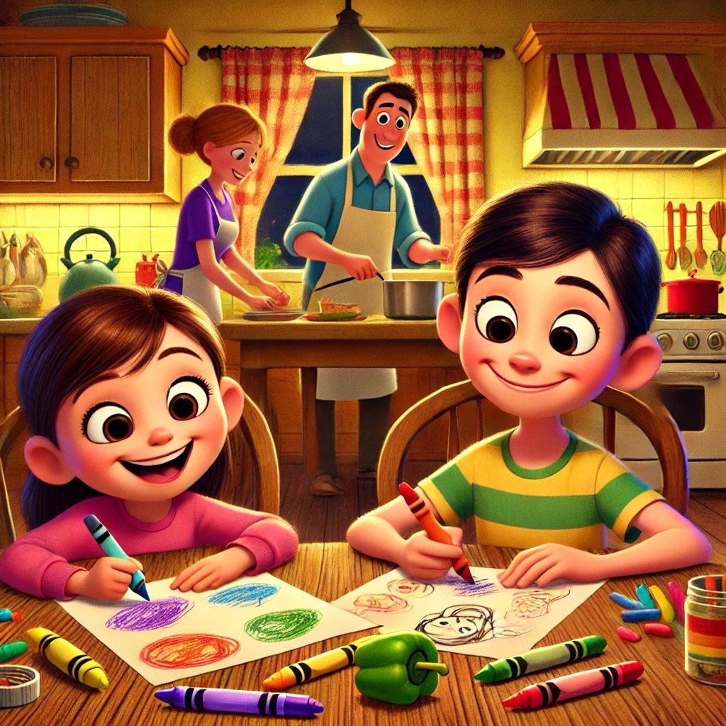 niños pintando mientras sus padres cocinan en el fondo