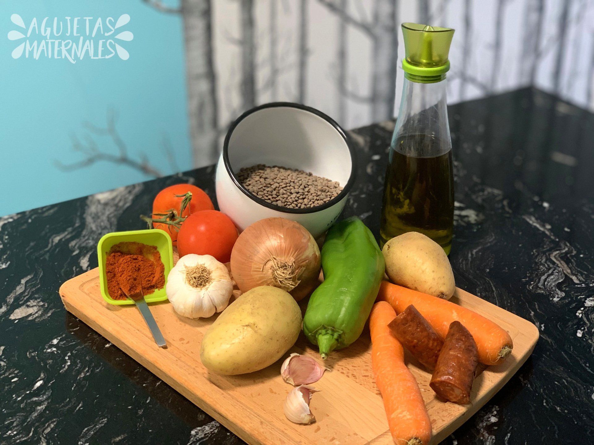Ingredientes para cocinar unas lentejas con chorizo